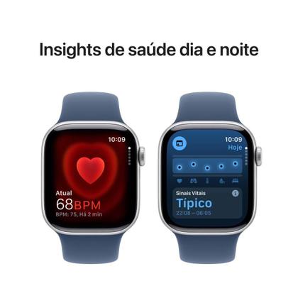 Imagem de Apple Watch Series 10 GPS + Cellular  Caixa prateada de alumínio  42 mm  Pulseira esportiva denim  P/M