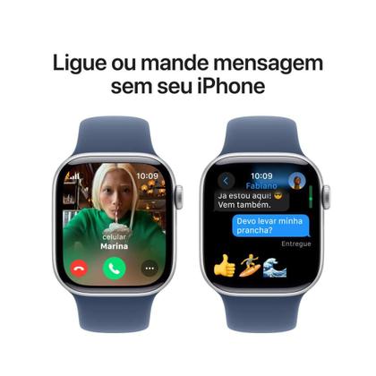 Imagem de Apple Watch Series 10 GPS + Cellular  Caixa prateada de alumínio  42 mm  Pulseira esportiva denim  P/M