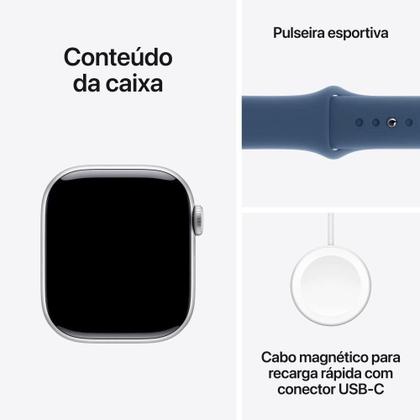 Imagem de Apple Watch Series 10 GPS + Cellular, Caixa Prateada de Alumínio de 42 mm, Pulseira Esportiva Denim, Tamanho P/M - MWX33AM/A