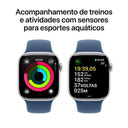 Imagem de Apple Watch Series 10 GPS + Cellular, Caixa Prateada de Alumínio de 42 mm, Pulseira Esportiva Denim, Tamanho P/M - MWX33AM/A