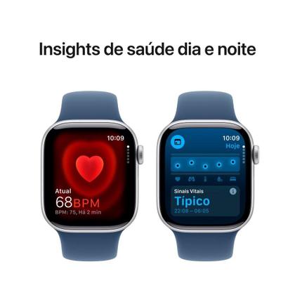 Imagem de Apple Watch Series 10 GPS + Cellular, Caixa Prateada de Alumínio de 42 mm, Pulseira Esportiva Denim, Tamanho P/M - MWX33AM/A