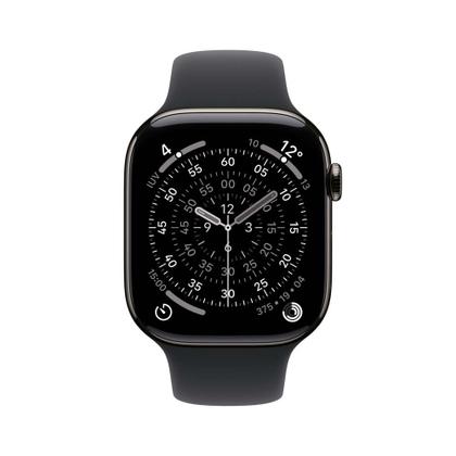 Imagem de Apple Watch Series 11 GPS + Cellular - Caixa ardósia de titânio  46 mm - Pulseira esportiva preta  P/M