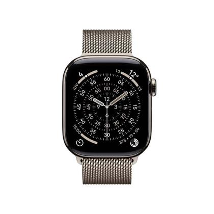 Imagem de Apple Watch Series 11 GPS + Cellular, Caixa Natural de Titânio de 42 mm, Pulseira Natural Estilo Milanês - MF8P4AM/A