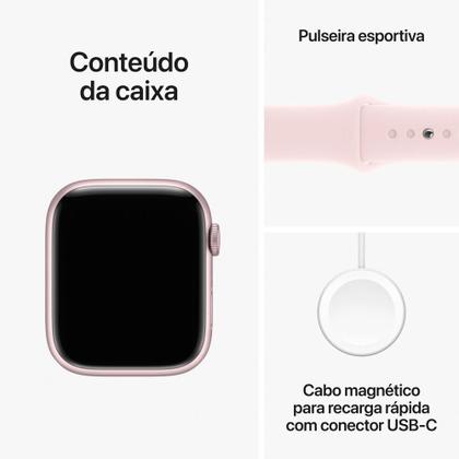 Imagem de Apple Watch Series 9 45mm GPS Caixa Rosa de Alumínio, Pulseira Esportiva Rosa-claro, Tamanho M/G, Neutro em Carbono - MR9H3BZ/A