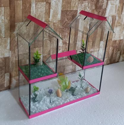 Imagem de Aquario Beteira Castelo III Tripla 3 Compartimentos Peixe Betta decorado pedrinhas e planta artificial