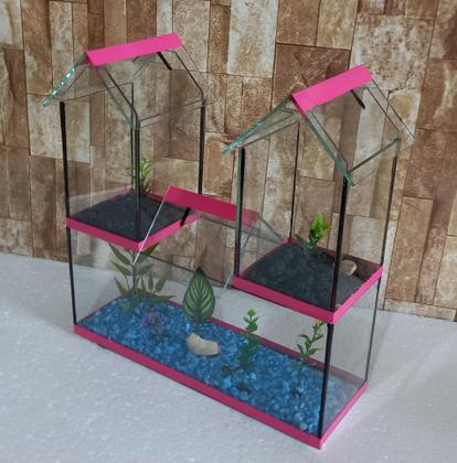 Imagem de Aquario Beteira Castelo III Tripla 3 Compartimentos Peixe Betta decorado pedrinhas e planta artificial