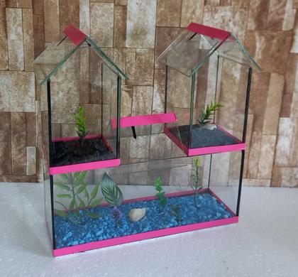 Imagem de Aquario Beteira Castelo III Tripla 3 Compartimentos Peixe Betta decorado pedrinhas e planta artificial