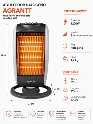 Imagem de Aquecedor De Ar Agrantt Halogênio 1200W 3 Níveis Oscilante Quarto Sala Escritório Aquecimento Rapido