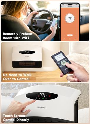 Imagem de Aquecedor elétrico de parede GiveBest WiFi Remote 1500W, sala grande