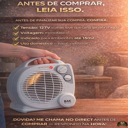 Imagem de Aquecedor Termoventilador Bak 1500w Portátil 4 Níveis Termos