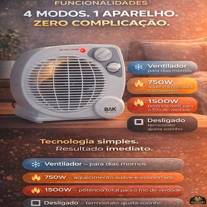 Imagem de Aquecedor Termoventilador Bak 1500w Portátil 4 Níveis Termos