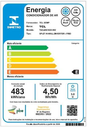 Imagem de Ar Condicionado Split Hi Wall Inverter TCL Elite GV 9000 BTU/h Frio TAC-09CSGV-INV  220 Volts