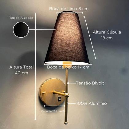 Imagem de Arandela De Parede Clássica alumínio Bivolt Com Interruptor e Cúpula Ref 05 Com Lâmpada Branco Quente