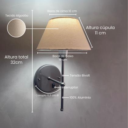 Imagem de Arandela De Parede Clássica Chumbo Com Interruptor e Cúpula branca e lâmpada branco frio Sala Quarto Dormitório, Banheiro, Escritório