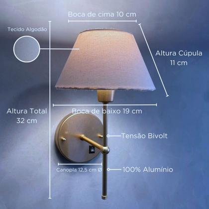 Imagem de Arandela De Parede Clássica Chumbo Com Interruptor e Cúpula branca e lâmpada branco frio Sala Quarto Dormitório, Banheiro, Escritório