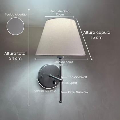 Imagem de Arandela De Parede Clássica Com Interruptor e Cúpula Algodão com Lâmpada Branco Frio Para Decoração Sala, Quarto, Cabeceira de cama, Corredor