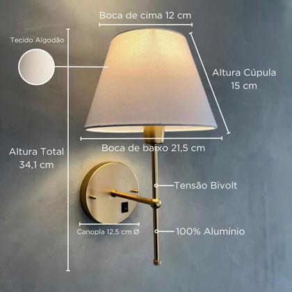Imagem de Arandela de Parede Clássica Interna Com Interruptor Com Cúpula Ref 19 Com Lâmpada Branco Quente Para Sala, Quarto, Cabeceira e Cama