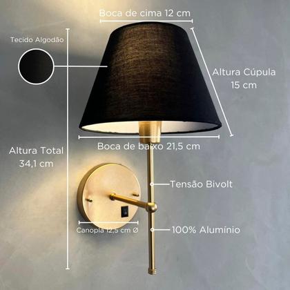 Imagem de Arandela de Parede Clássica Interna Com Interruptor Com Cúpula Ref 19 Com Lâmpada Branco Quente Para Sala, Quarto, Cabeceira e Cama