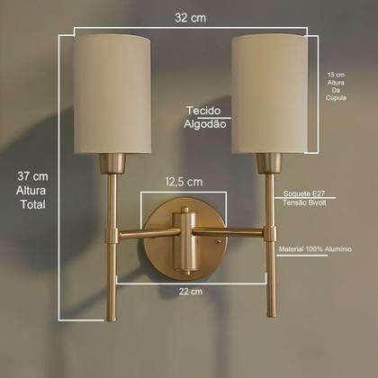 Imagem de Arandela de Parede Imperial Clássica Alumínio Com 2 Cúpula de algodão Cilíndrica Para Corredor, Sala, Quarto, Cabeceira