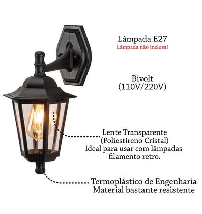 Imagem de Arandela Externa Vintage E27 Preto Lente Transparente Lup40