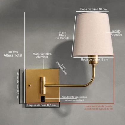 Imagem de Arandela Luminária De Parede Articulável Com Interruptor Dourado Com Cúpula de algodão