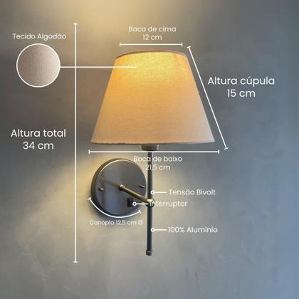Imagem de Arandela Luminária De Parede Clássica Com Interruptor Cúpula Cone Ref 19 Para Decoração Casa e Sala, Quarto Cama e Cabeceira, Corredor, lavabo