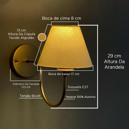 Imagem de Arandela luminária de Parede Clássica Curvada Alumínio Com Cúpula algodão Decoração Iluminação Casa