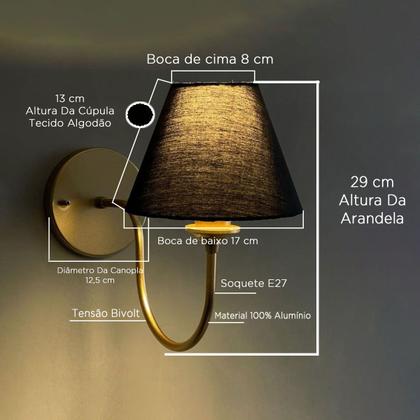 Imagem de Arandela luminária de Parede Curvada Clássica de Alumínio Com Cúpula Para Sala, quarto, Cama e Cabeceira, lavabo