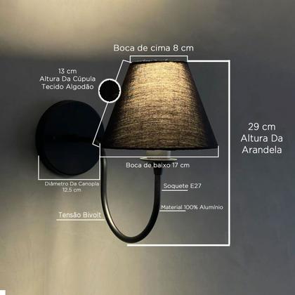 Imagem de Arandela Parede Curvada Clássica Preto Com Cúpula Preto Para Decoração Sala, Corredor, Escritório, Quarto e cabeceira de cama