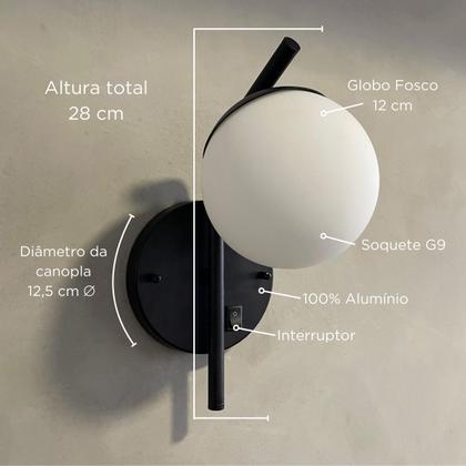 Imagem de Arandela Parede Inclinada Em Aluminio Com Acendimento Na Base Liga e Desliga Com Globo Vidro Fosco 12cm Soquete G9 Tensa