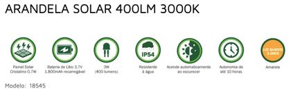 Imagem de Arandela solar com sensor de movimento presença 400lm 3000k