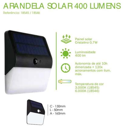 Arandela solar com sensor de movimento presença 400lm 3000k - Ecoforce Imagem de Arandela solar com sensor de movimento presença 400lm 3000k