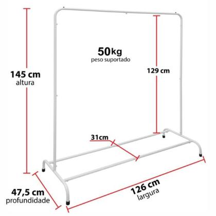 Imagem de Arara Cabideiro de Roupa com Sapateira Grande Largura 145Cm altura