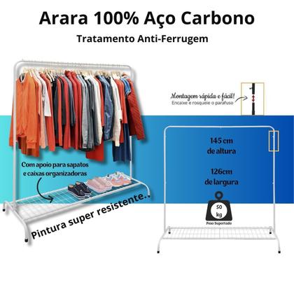 Imagem de Arara Cabideiro Roupas c Sapateira Grande Closet Loja Quarto Branca