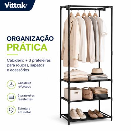 Imagem de Arara Cabideiro Sapateira 1 Coluna Armário Organizador 3 Prateleiras Multiuso Vittak