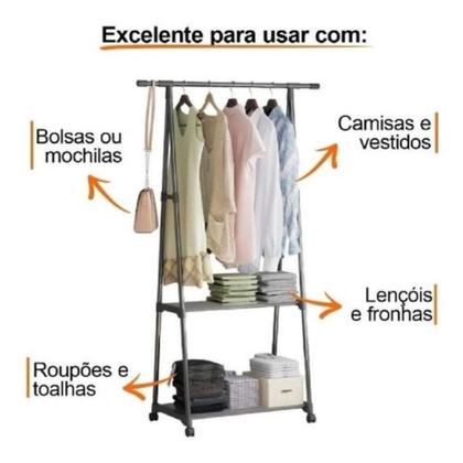 Imagem de Arara De Roupas 2 Prateleiras Carrinho Sapateira Rodinhas