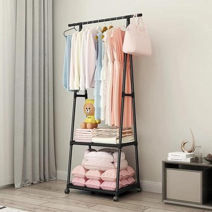 Imagem de Arara de Roupas Cabideiro Portátil Preto com 2 Prateleiras Sapateira e Rodinhas Armário Organizador Multiuso para Ambientes Pequenos