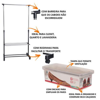Imagem de Arara De Roupas Regulável Com Sapateira Cabideiro Rodinhas+ 3 Caixa Sapato P