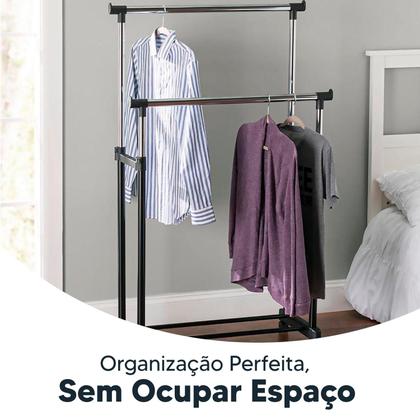 Imagem de Arara Dupla De Roupas Altura Regulável Sapateira E Rodinhas