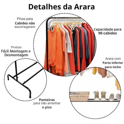 Imagem de Arara Ferro Cabideiro Roupas Grande Closet Loja Quarto Preta