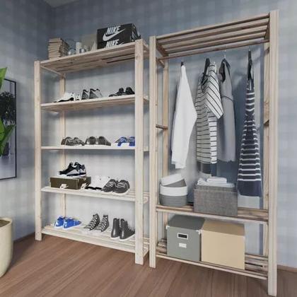 Imagem de Arara Nova Reforçada e Estante Para Sala Básica Conjunto Madeira Natural Organizadora