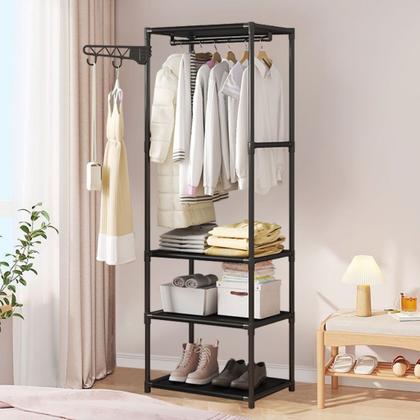 Imagem de Arara Sapateira metal Rack 3 Prateleiras Organizador vertical de Roupa Multiuso e Cabideiro casa quarto Closet