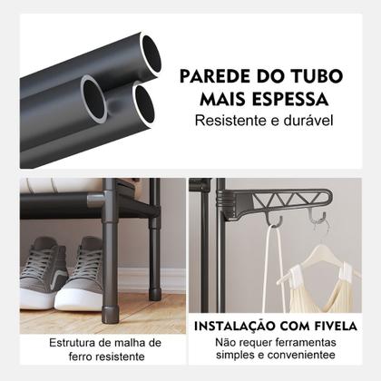 Imagem de Arara Sapateira metal Rack 3 Prateleiras Organizador vertical de Roupa Multiuso e Cabideiro casa quarto Closet
