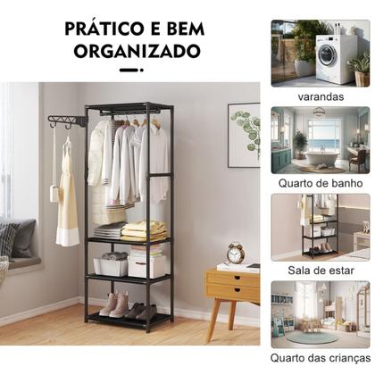 Imagem de Arara Sapateira metal Rack 3 Prateleiras Organizador vertical de Roupa Multiuso e Cabideiro casa quarto Closet