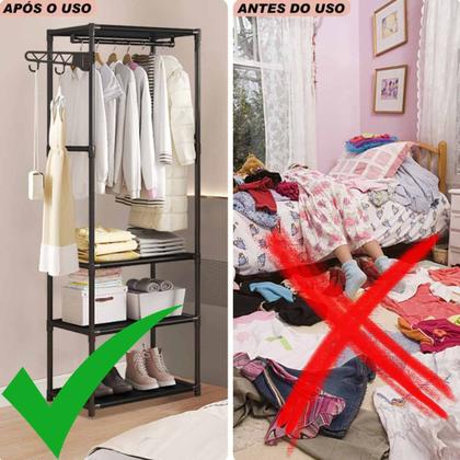 Imagem de Arara Sapateira metal Rack 3 Prateleiras Organizador vertical de Roupa Multiuso e Cabideiro casa quarto Closet