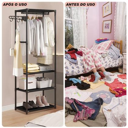 Imagem de Arara Sapateira metal Rack 3 Prateleiras Organizador vertical de Roupa Multiuso e Cabideiro casa quarto Closet