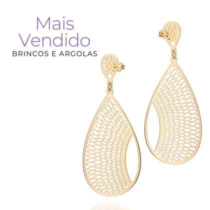 Imagem de Argola Grande Rommanel Trabalhada Banhada A Ouro 18k Formato De Gota Pêndulo