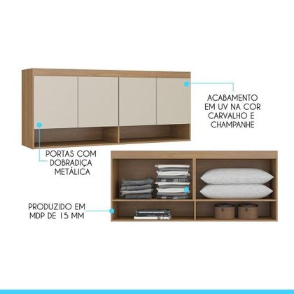 Imagem de Armário Aéreo 4 Portas Guarda Roupa Modulado Selene 160x68 Cm Mdp Carvalho 6003 Menu