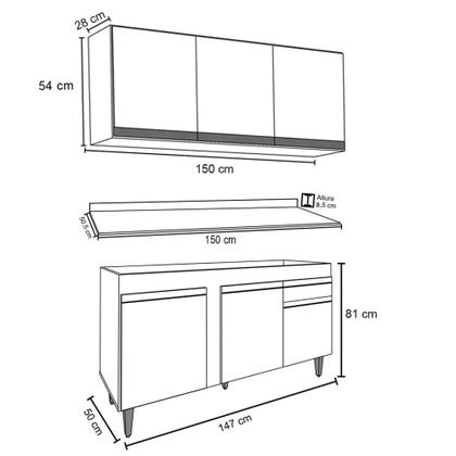Imagem de Armário Aéreo Argélia e Balcão Gabinete Para Pia com Tampo 150cm Dakota Branco - Lumil