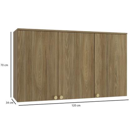 Imagem de Armário Aéreo Com LED Cozinha 120 Cm 3 Portas 2 Prateleiras Organizador Marrom Madeira Nogueira